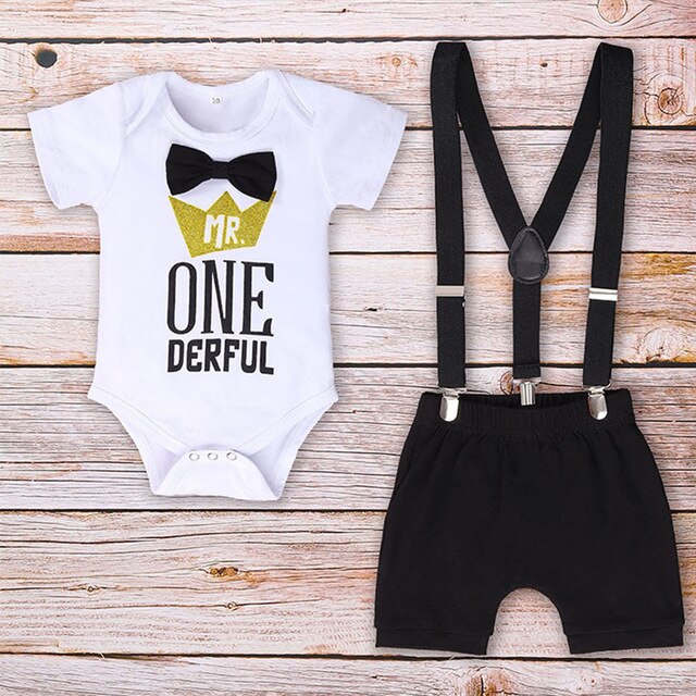 Baby Boy Clothes One Year Birthday Baby Costume Boys 1st Gentleman Tie Romper Straps Shorts Toddler Baby Clothing Set Outfits
