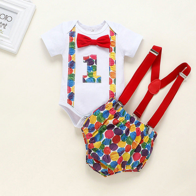 Baby Boy Clothes One Year Birthday Baby Costume Boys 1st Gentleman Tie Romper Straps Shorts Toddler Baby Clothing Set Outfits