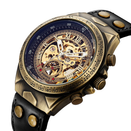 Leather Mechanical Watch Men Automatic Steampunk Watch Mens Skeleton Watches Bronze Transparent Vintage Sport Wristwatch Male