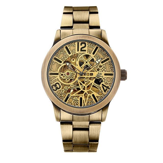 Leather Mechanical Watch Men Automatic Steampunk Watch Mens Skeleton Watches Bronze Transparent Vintage Sport Wristwatch Male