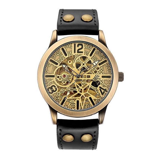 Leather Mechanical Watch Men Automatic Steampunk Watch Mens Skeleton Watches Bronze Transparent Vintage Sport Wristwatch Male