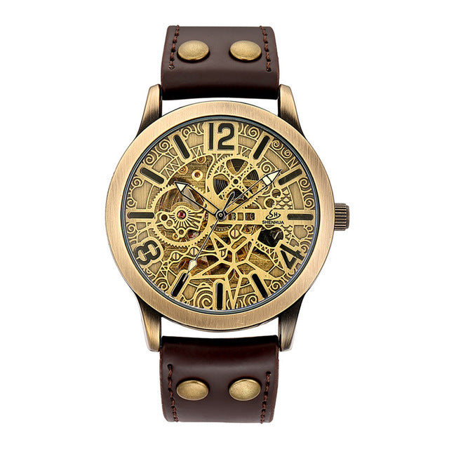 Leather Mechanical Watch Men Automatic Steampunk Watch Mens Skeleton Watches Bronze Transparent Vintage Sport Wristwatch Male