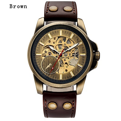 Leather Mechanical Watch Men Automatic Steampunk Watch Mens Skeleton Watches Bronze Transparent Vintage Sport Wristwatch Male