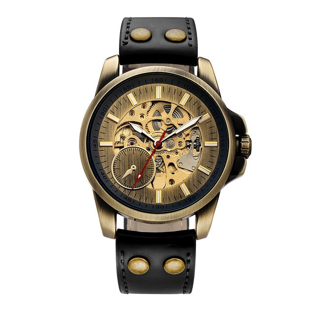 Leather Mechanical Watch Men Automatic Steampunk Watch Mens Skeleton Watches Bronze Transparent Vintage Sport Wristwatch Male