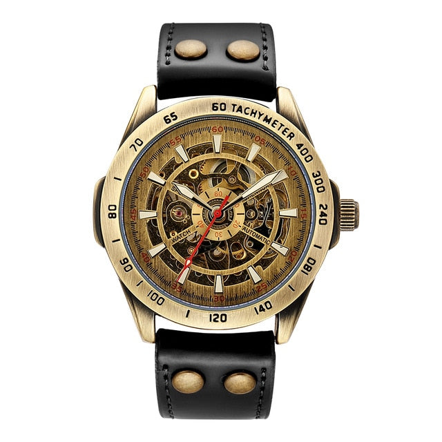 Leather Mechanical Watch Men Automatic Steampunk Watch Mens Skeleton Watches Bronze Transparent Vintage Sport Wristwatch Male