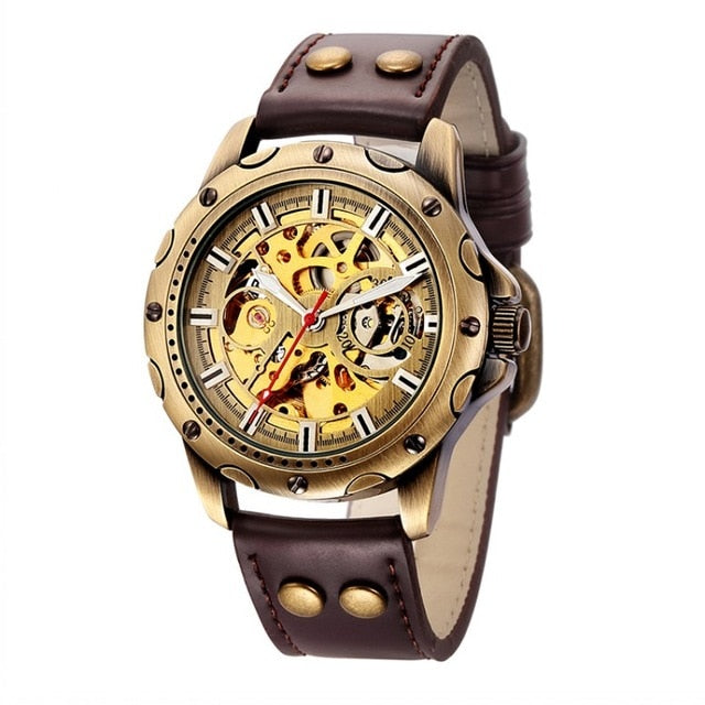 Leather Mechanical Watch Men Automatic Steampunk Watch Mens Skeleton Watches Bronze Transparent Vintage Sport Wristwatch Male