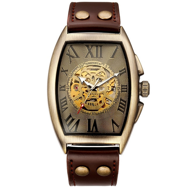 Leather Mechanical Watch Men Automatic Steampunk Watch Mens Skeleton Watches Bronze Transparent Vintage Sport Wristwatch Male