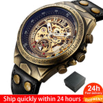 Leather Mechanical Watch Men Automatic Steampunk Watch Mens Skeleton Watches Bronze Transparent Vintage Sport Wristwatch Male