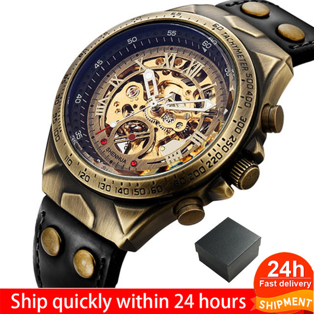 Leather Mechanical Watch Men Automatic Steampunk Watch Mens Skeleton Watches Bronze Transparent Vintage Sport Wristwatch Male