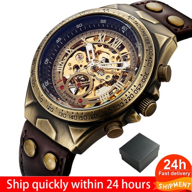 Leather Mechanical Watch Men Automatic Steampunk Watch Mens Skeleton Watches Bronze Transparent Vintage Sport Wristwatch Male