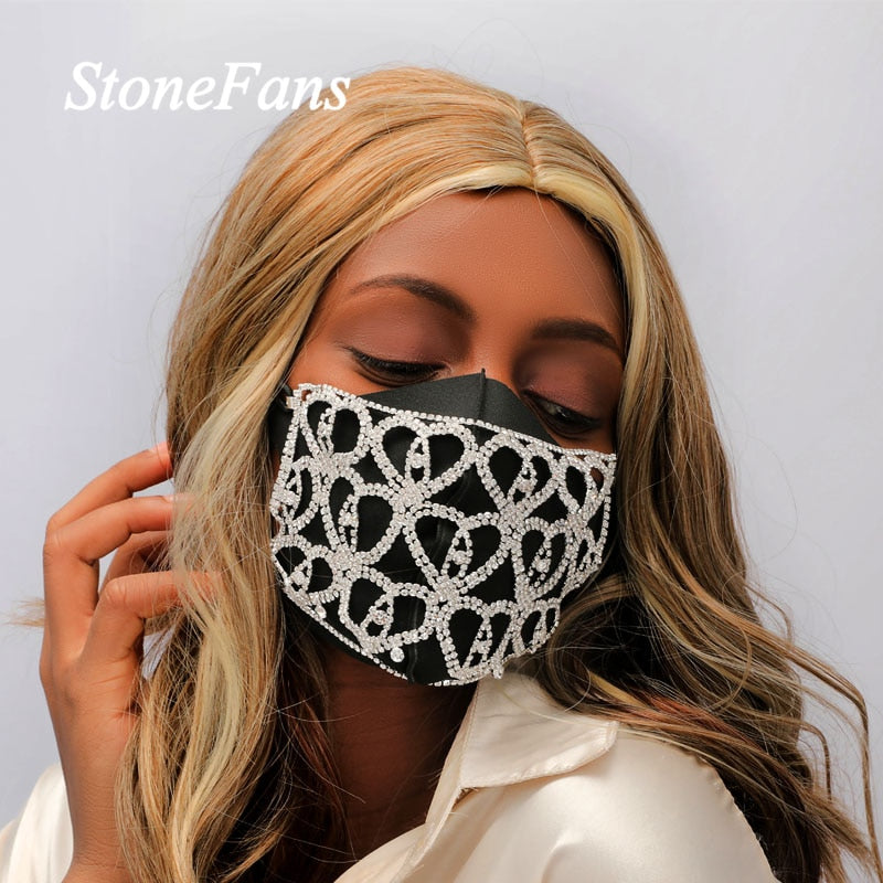 Stonefans Bling Rhinestone Facemask Heart Fashion Jewelry for Women Bling Crystal Elastic Mask Body Chain Decoration Jewelry