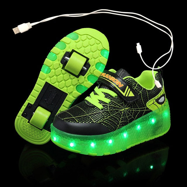 Children One Two Wheels Luminous Glowing Sneakers Gold Pink Led Light Roller Skate Shoes Kids Led Shoes Boys Girls USB Charging