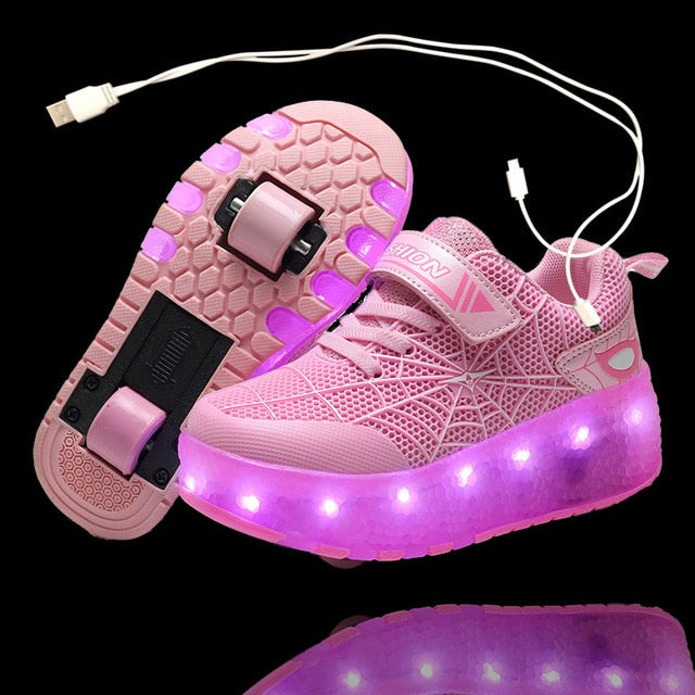 Children One Two Wheels Luminous Glowing Sneakers Gold Pink Led Light Roller Skate Shoes Kids Led Shoes Boys Girls USB Charging