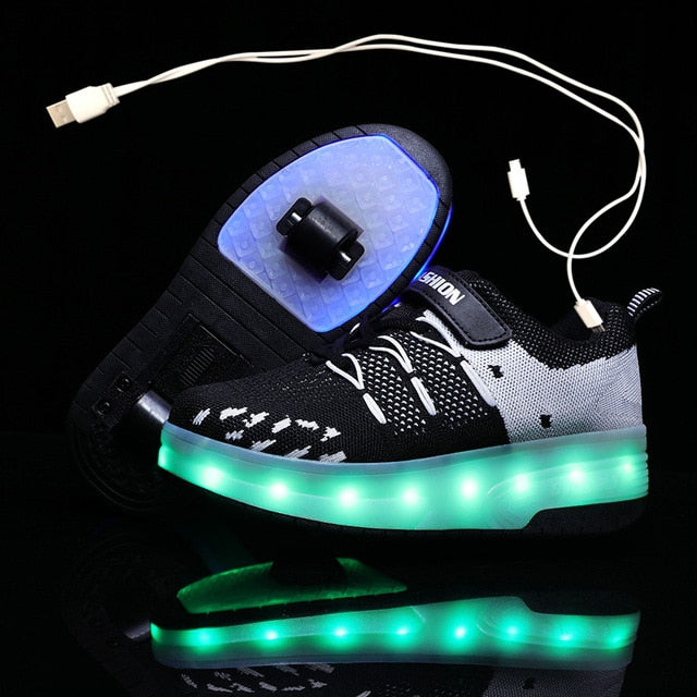 Children One Two Wheels Luminous Glowing Sneakers Gold Pink Led Light Roller Skate Shoes Kids Led Shoes Boys Girls USB Charging