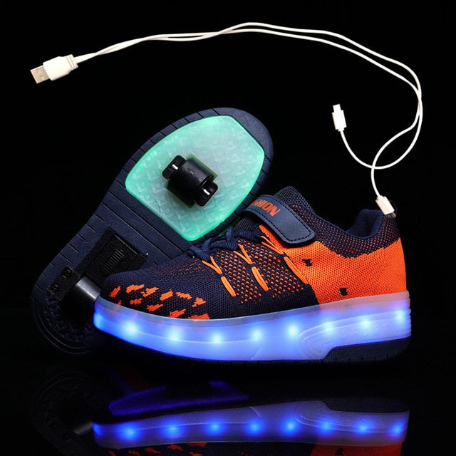 Children One Two Wheels Luminous Glowing Sneakers Gold Pink Led Light Roller Skate Shoes Kids Led Shoes Boys Girls USB Charging