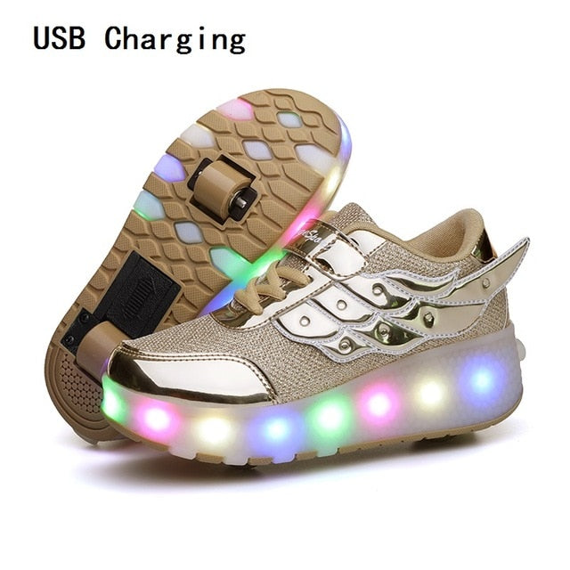 Children One Two Wheels Luminous Glowing Sneakers Gold Pink Led Light Roller Skate Shoes Kids Led Shoes Boys Girls USB Charging