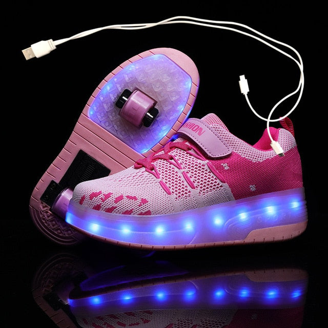Children One Two Wheels Luminous Glowing Sneakers Gold Pink Led Light Roller Skate Shoes Kids Led Shoes Boys Girls USB Charging