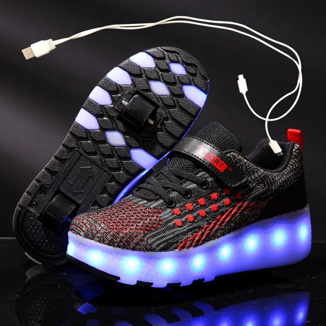 Children One Two Wheels Luminous Glowing Sneakers Gold Pink Led Light Roller Skate Shoes Kids Led Shoes Boys Girls USB Charging