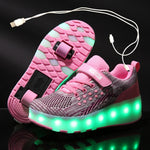 Children One Two Wheels Luminous Glowing Sneakers Gold Pink Led Light Roller Skate Shoes Kids Led Shoes Boys Girls USB Charging