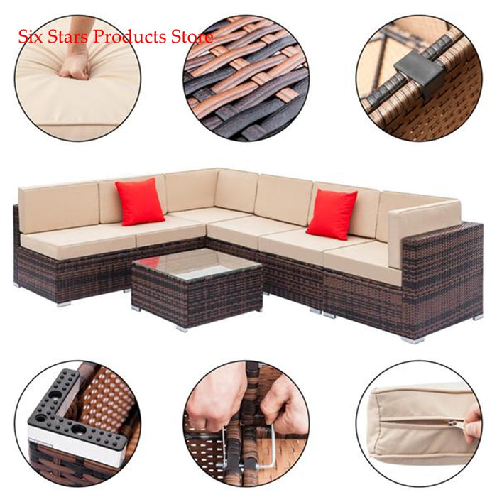 Fully Equipped Weaving Rattan Sofa Set with 2pcs Corner Sofas & 4pcs Single Sofas & 1 pcs Coffee Table Brown Gradient