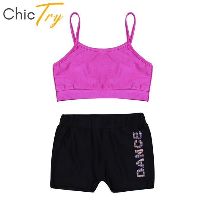 ChicTry Kids Two-piece Dance Wear Crop Top with Shorts Set Children Girls Ballet Dance Workout Gymnastics Shorts Tops Sports Set