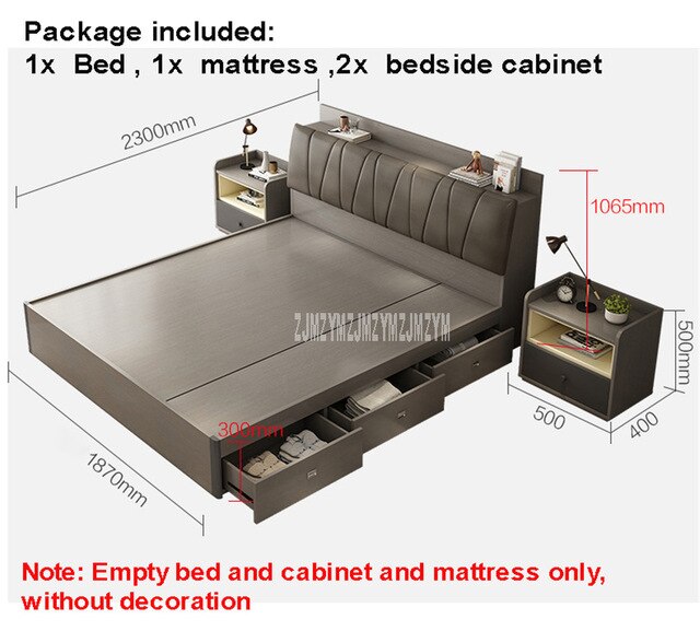 1.8m Nordic Modern Simple Wood Bed Bedroom Furniture With 3 Storage Drawer + High Density Sponge Mattress + Two bedside cabinet