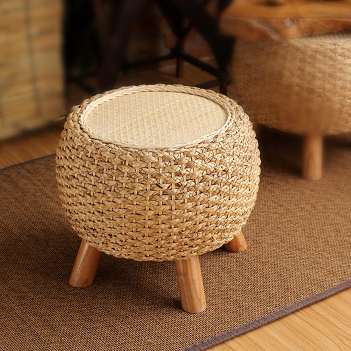 Round Foot Stool Change Shoe Ottoman Wooden Legs Padded Footrest Rattan Dressing Makeup Stool Hallway Living Room Wicker Pouf