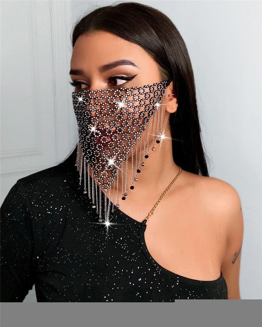 2020 Rhinestone Tassel Splicing Jewelry Mask Fashion Sexy Glitter Women Diamond Crytal Facemask Party Show Mouth Mask Wedding