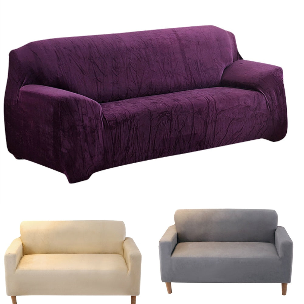 Lychee Solid Thick Plush Sofa Cover Elastic Velvet Sofa Cover Sectional Slipcover 1/2/3/4 seater Stretch Couch Cover