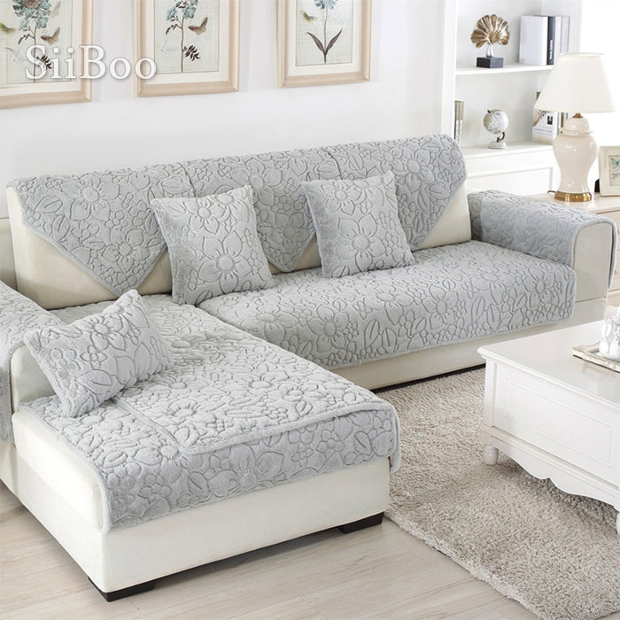 White grey floral quilted sofa cover plush long fur slipcovers fundas de sofa sectional couch covers fundas de sofa SP4957