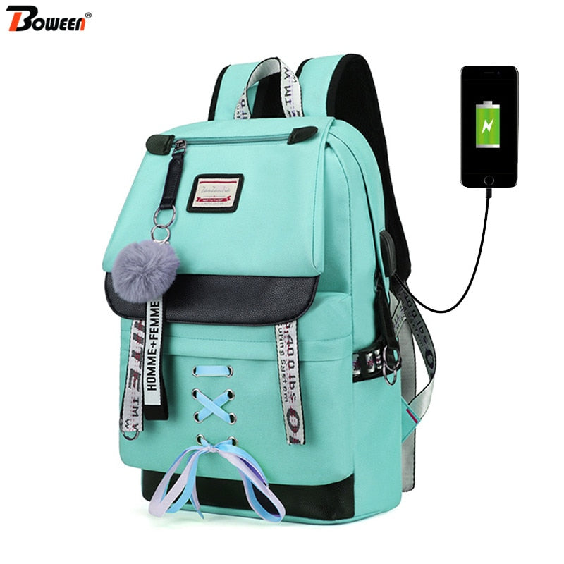 Large Green Backpacks Women School Backpack for Teenage Girls USB School Bag Canvas Middle Junior High College Student Bagpack