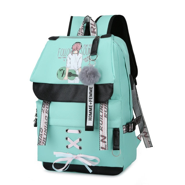 Large Green Backpacks Women School Backpack for Teenage Girls USB School Bag Canvas Middle Junior High College Student Bagpack