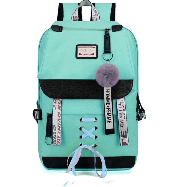 Large Green Backpacks Women School Backpack for Teenage Girls USB School Bag Canvas Middle Junior High College Student Bagpack