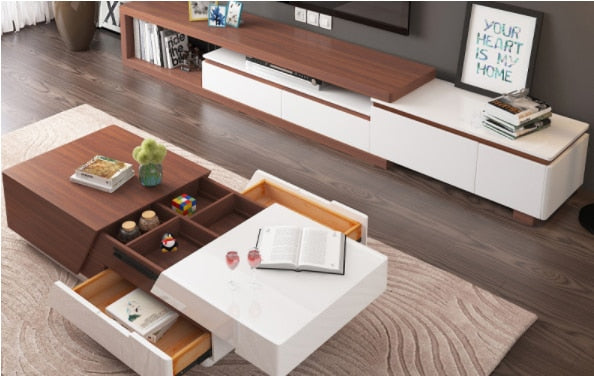 K-STAR Modern Minimalist White Painted Coffee Table Fashion Wood Grain Stretchable Living Room Coffee Table