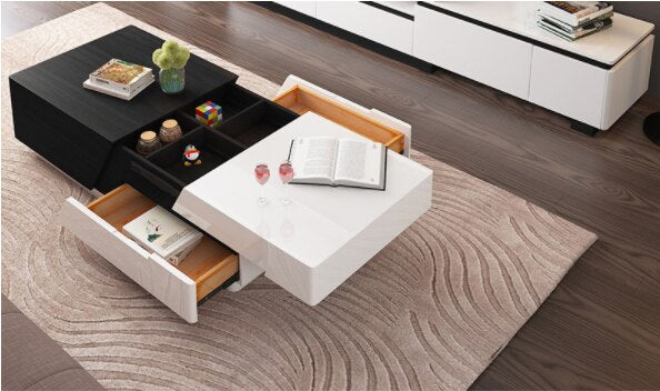 K-STAR Modern Minimalist White Painted Coffee Table Fashion Wood Grain Stretchable Living Room Coffee Table