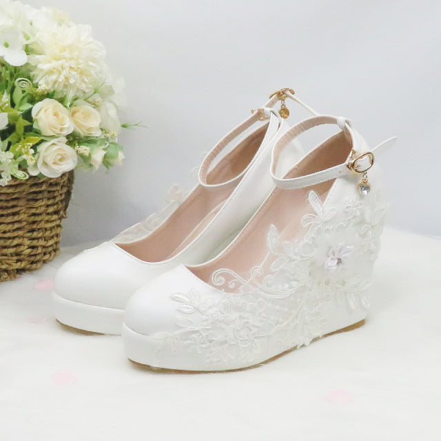 BaoYaFang White Flower Pumps New arrival womens wedding shoes Bride High heels platform shoes for woman ladies party dress shoes