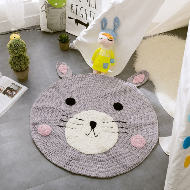 REGINA Cute Animal Shape Kids Carpet Hand Knitted Fox Rabbit Cat Pattern Soft Round Rug Thick Picnic Mat Home Baby Crawling Pad