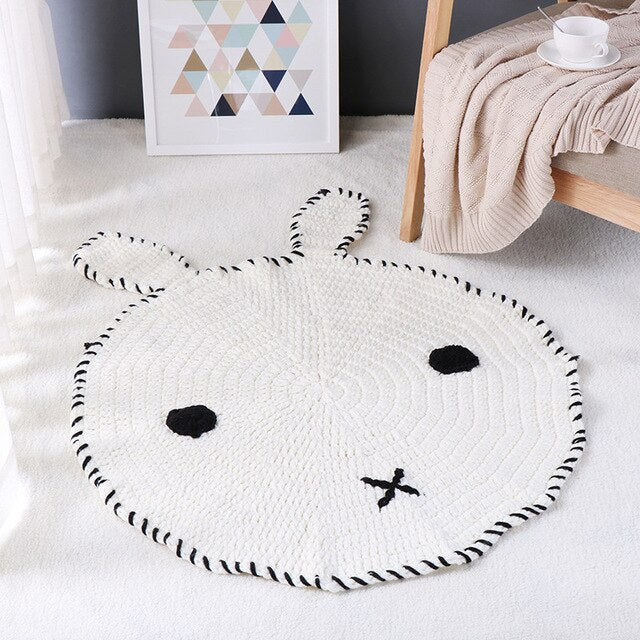 REGINA Cute Animal Shape Kids Carpet Hand Knitted Fox Rabbit Cat Pattern Soft Round Rug Thick Picnic Mat Home Baby Crawling Pad