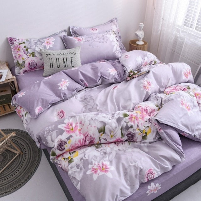 4pcs Floral Beding Set Stripe Bed Sheet Fruit Plaid Flat Sheet Strawberrry Jacquard Bed Spread Pink Bed Cover Cotton Quilt Cover