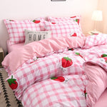 4pcs Floral Beding Set Stripe Bed Sheet Fruit Plaid Flat Sheet Strawberrry Jacquard Bed Spread Pink Bed Cover Cotton Quilt Cover