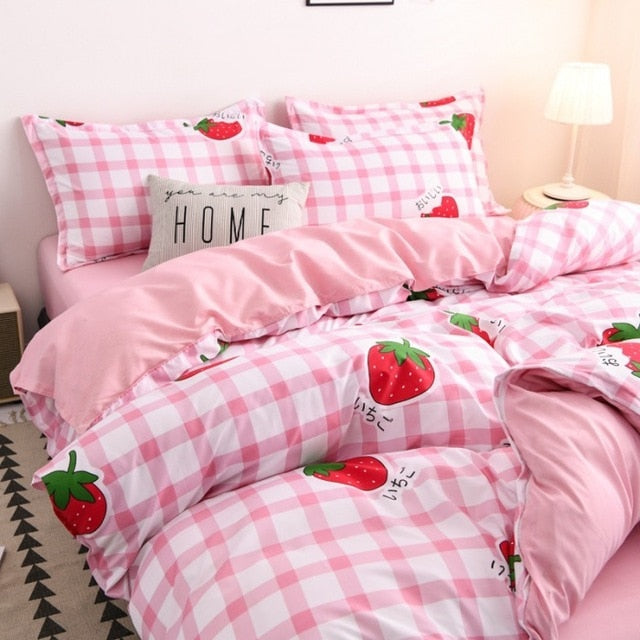4pcs Floral Beding Set Stripe Bed Sheet Fruit Plaid Flat Sheet Strawberrry Jacquard Bed Spread Pink Bed Cover Cotton Quilt Cover