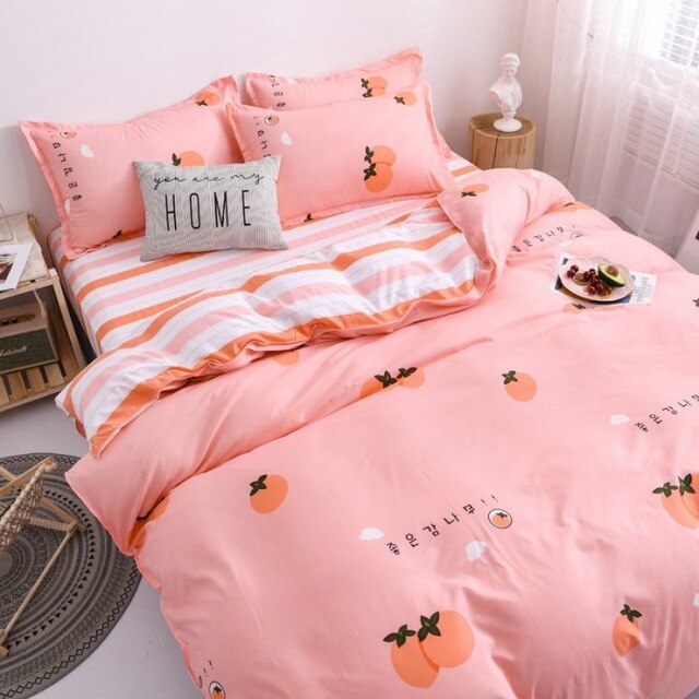 4pcs Floral Beding Set Stripe Bed Sheet Fruit Plaid Flat Sheet Strawberrry Jacquard Bed Spread Pink Bed Cover Cotton Quilt Cover