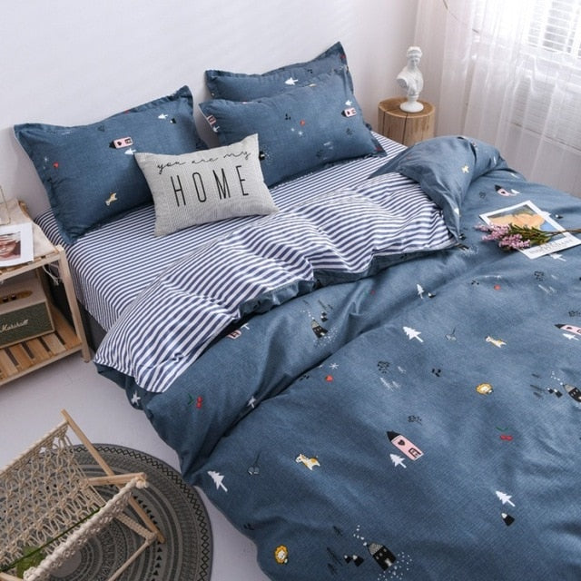 4pcs Floral Beding Set Stripe Bed Sheet Fruit Plaid Flat Sheet Strawberrry Jacquard Bed Spread Pink Bed Cover Cotton Quilt Cover