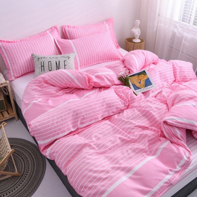 4pcs Floral Beding Set Stripe Bed Sheet Fruit Plaid Flat Sheet Strawberrry Jacquard Bed Spread Pink Bed Cover Cotton Quilt Cover