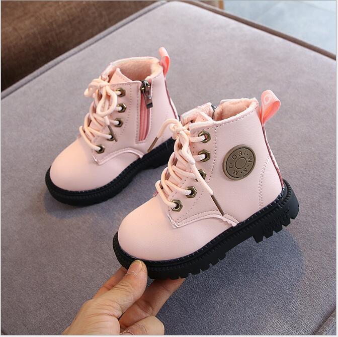 2020 Autumn/Winter Children Boots Boys Girls Leather Martin Boots Plush Fashion Waterproof Non-slip Warm Kids Boots Shoes 21-30