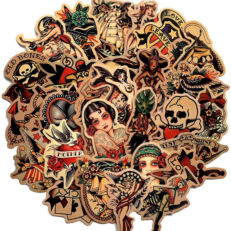 Retro old school  tattoo style sticker refrigerator skateboard trolley case decals backpack Tables waterproof PVC sticker