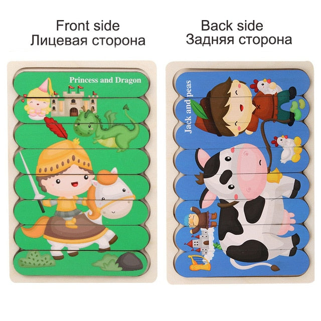 Kids Animal 3D Wooden Puzzle Montessori Toy Double-sided Strip Puzzle Telling Story Stacking Jigsaw Educational Toy For Children