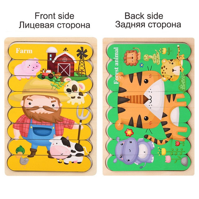 Kids Animal 3D Wooden Puzzle Montessori Toy Double-sided Strip Puzzle Telling Story Stacking Jigsaw Educational Toy For Children