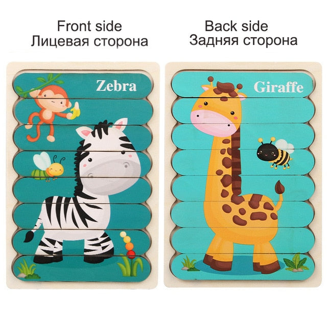 Kids Animal 3D Wooden Puzzle Montessori Toy Double-sided Strip Puzzle Telling Story Stacking Jigsaw Educational Toy For Children