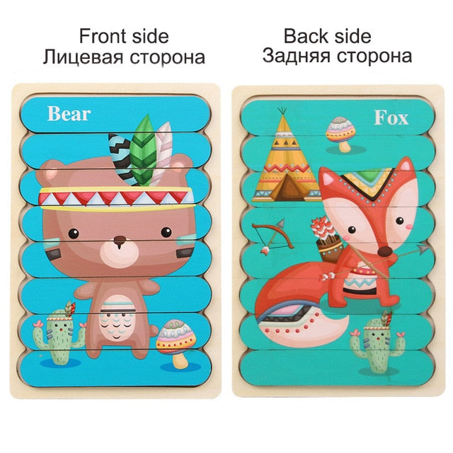 Kids Animal 3D Wooden Puzzle Montessori Toy Double-sided Strip Puzzle Telling Story Stacking Jigsaw Educational Toy For Children